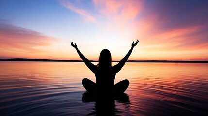 Silhouette of a serene person meditating in front of a colorful sunset reflecting in calm water : Generative AI