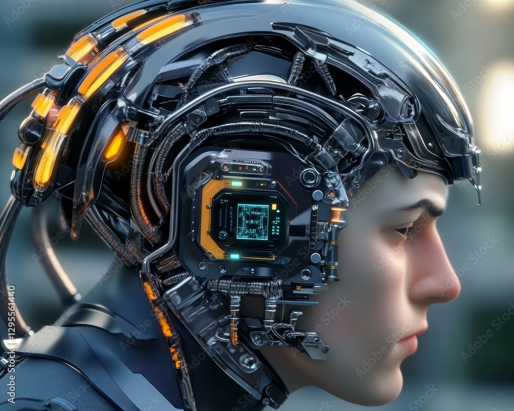 Poster exploring futuristic cybernetic enhancements in a high-tech environment human-machine integration sc