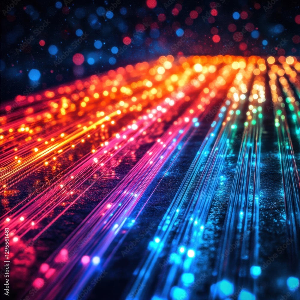 Poster vibrant fiber optic cables creating a stunning visual display with bokeh effect and dark background