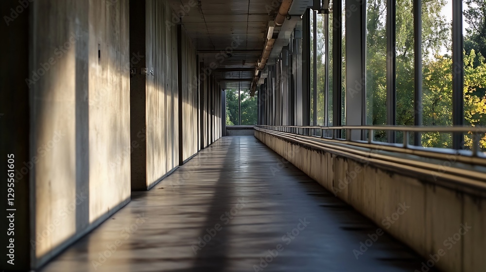 Poster spacious corridor with natural light shining through large windows in modern architecture : generati