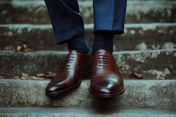 Stylish brown leather shoes on a stone staircase with leaves scattered around