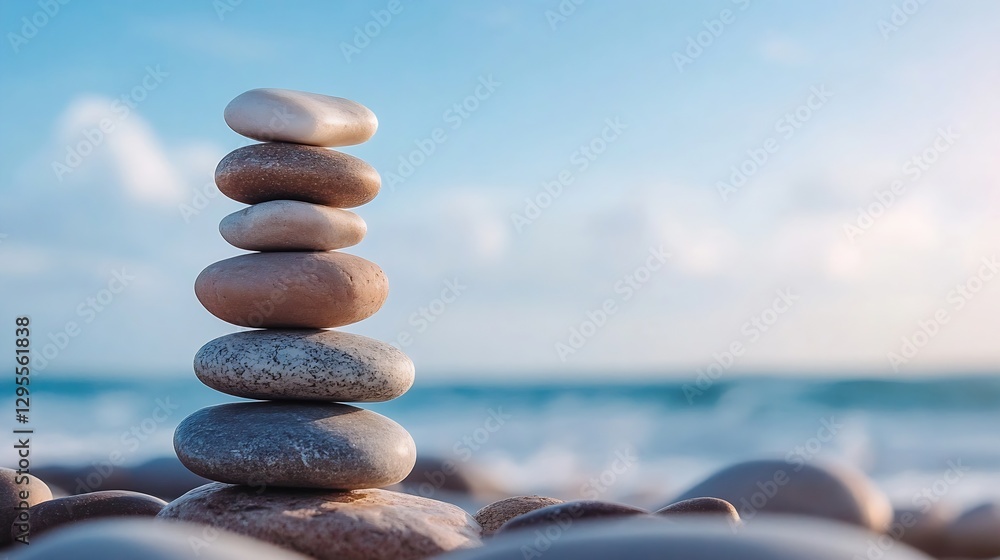 Aufkleber balanced stones stacked on beach against a dreamy ocean horizon creating a peaceful scene : generati