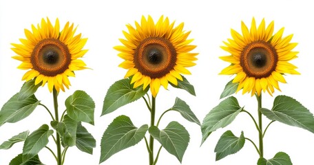 Obraz premium Three sunflowers in a row against a white background