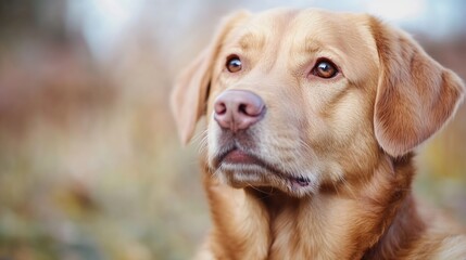 Focused golden retriever dog portrait looking off camera in soft warm light : Generative AI
