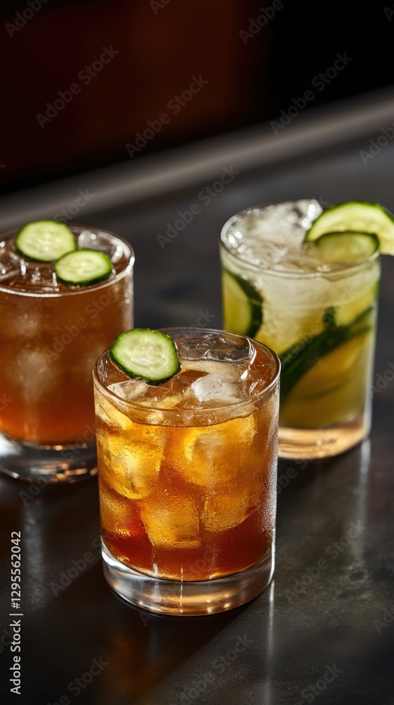 Poster refreshing summer cocktails with ice and cucumber garnish on a dark surface perfect for a bar menu o