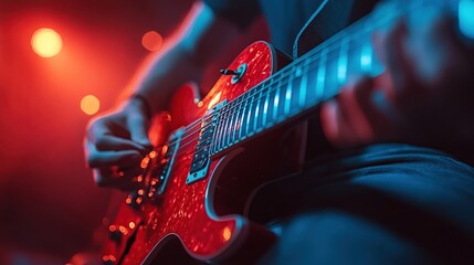 Fototapeta premium Close-up of guitarist playing electric guitar on stage with vibrant lighting