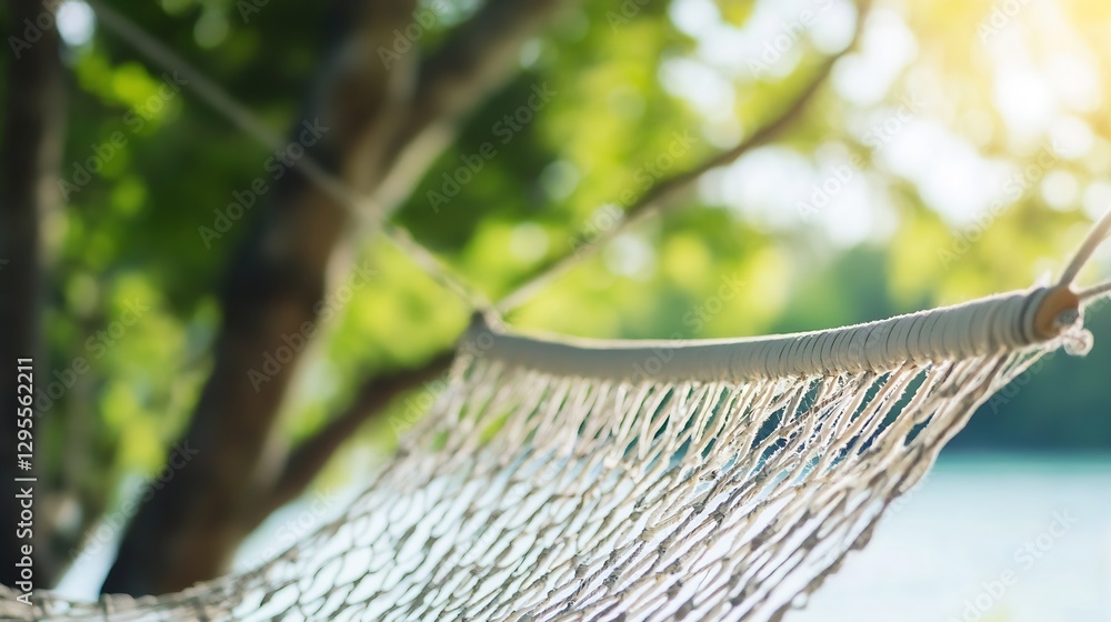 Poster Tranquil hammock hanging between trees on a sunny day ideal for relaxation and escape : Generative AI