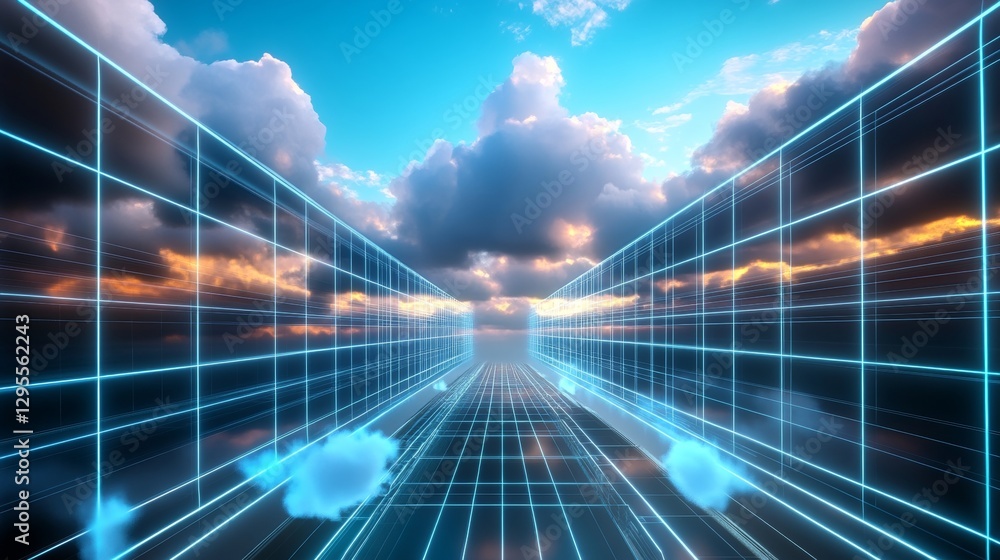 Poster digital journey through a futuristic grid landscape sky and clouds visual art dynamic environment wi