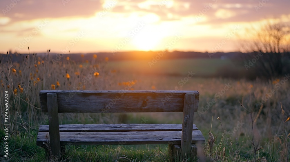 Aufkleber Serene empty bench in a field under a beautiful sunset creating a tranquil atmosphere : Generative AI