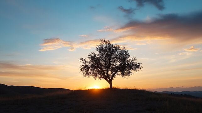 Silhouette of an Olive Tree Against Sunset in a Scenic Landscape : Generative AI - Powered by Adobe