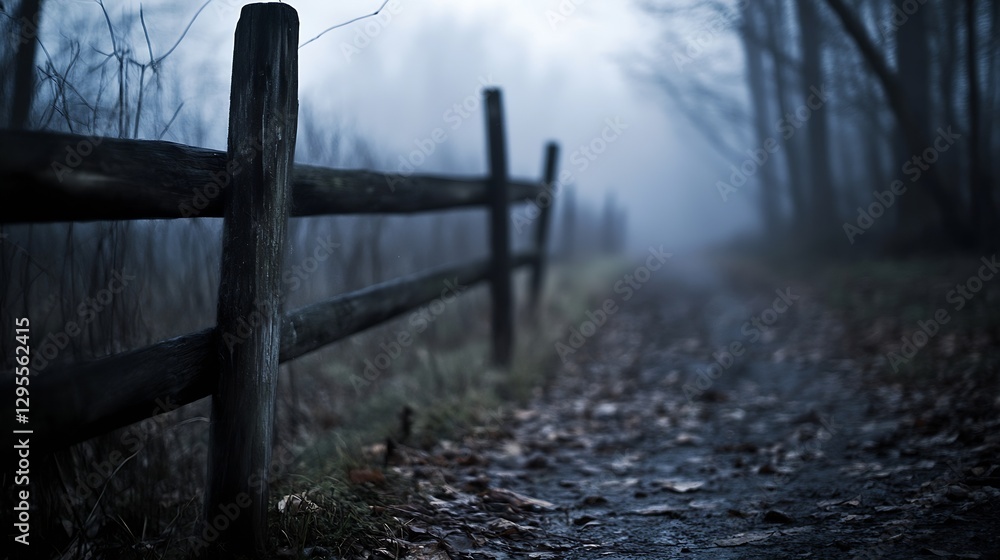 Poster foggy path through a wooden fence surrounded by misty forest landscape at dawn : generative ai