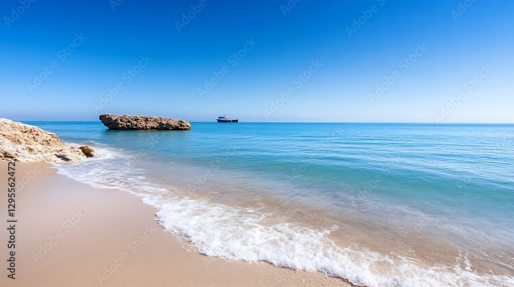 Aufkleber a serene beach view with clear blue water and a distant ship on the horizon under a bright sky : gen