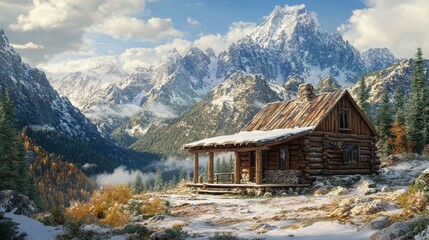 Fototapeta premium Cozy wooden cabin sits nestled amidst snowy mountain scenery