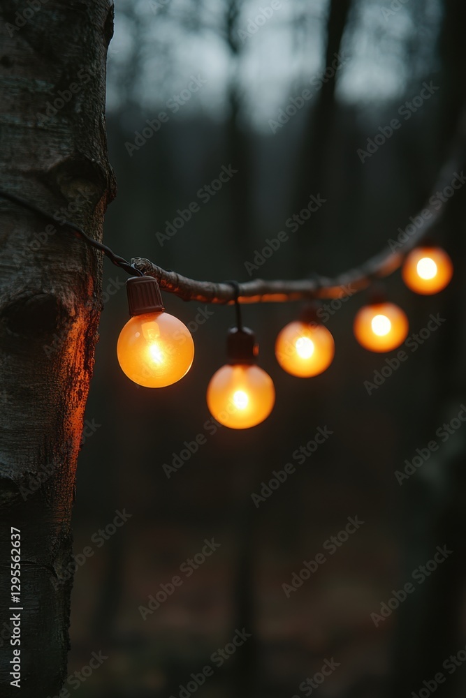 Poster enchanting string lights illuminate a tree branch in a serene forest setting at dusk creating a warm