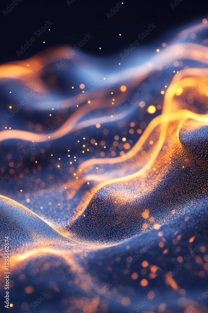 Poster abstract waves of glowing particles in a dark space, creating a mesmerizing visual effect