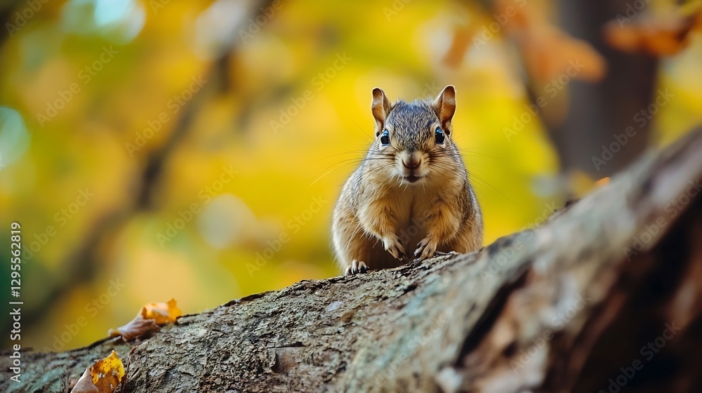 Poster curious small brown chipmunk perched on a branch in a colorful autumn forest surrounded by vibrant l