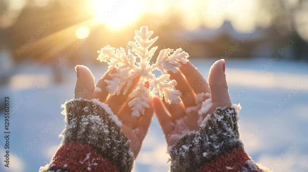 Aufkleber beautiful frosted snowflake held in hands against sparkling winter sunrise background : generative a