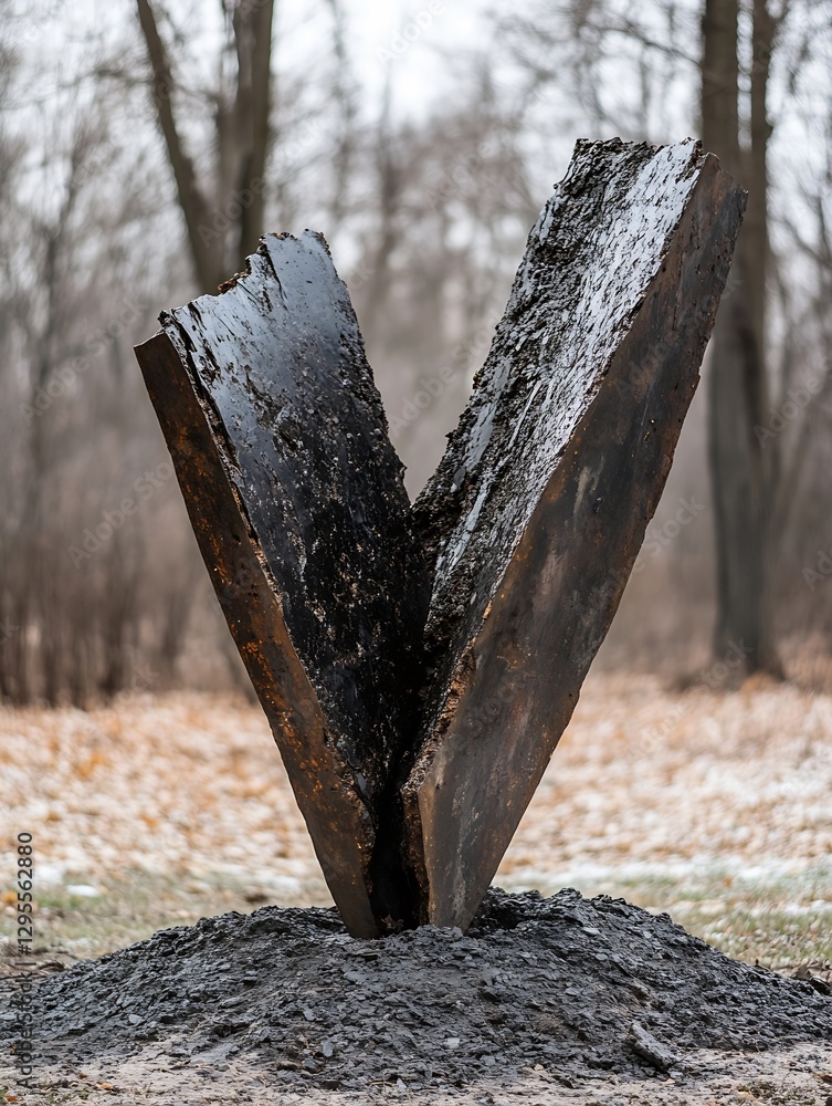 Poster abstract sculpture formed from dark material presenting unique geometric shapes in nature : generati