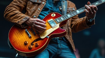 Obraz premium Close-up of a guitarist playing a red electric guitar on stage