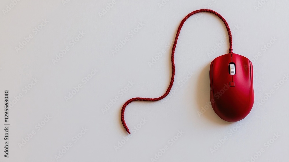 Poster red wired computer mouse on minimalist background