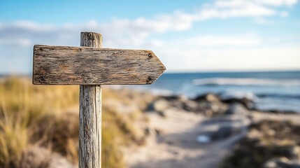 Wooden directional signpost near serene beach guiding travelers to scenic seaside destinations : Generative AI