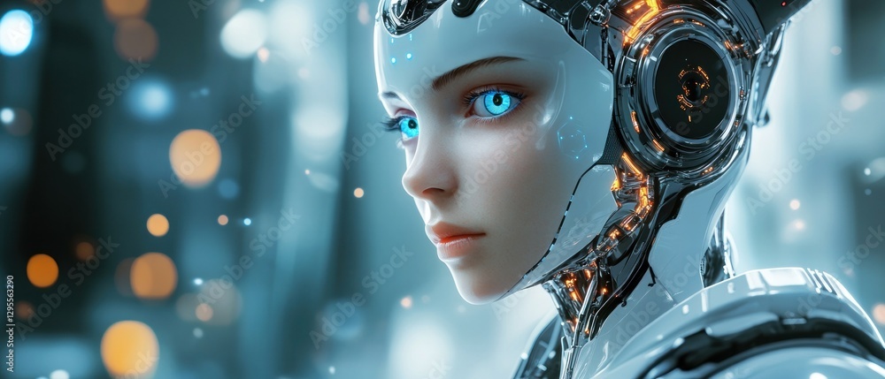 Aufkleber a futuristic humanoid robot with striking blue eyes and intricate circuitry, set against a backdrop 