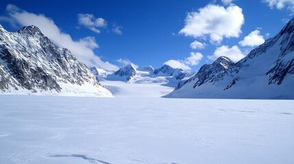 Majestic Winter Landscape with High Mountains and Glaciers Under a Bright Blue Sky : Generative AI