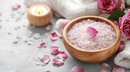 Spa Setting with Pink Rose Petals and Relaxing Salt in a Wooden Bowl : Generative AI