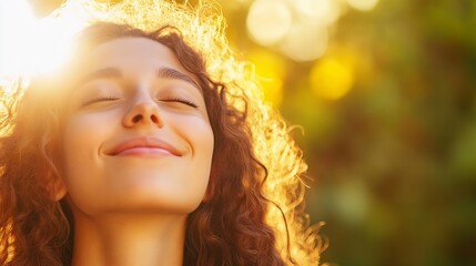 Fototapeta premium Young Woman Enjoying Sunshine Outdoors with a Peaceful Expression : Generative AI