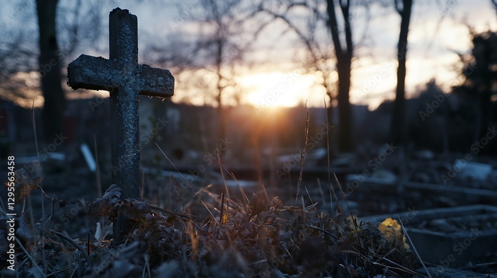 Poster rustic graveyard cross silhouetted by golden sunset light in a serene setting : generative ai