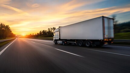 Dynamic motion of a truck transporting goods at sunset on an open highway : Generative AI