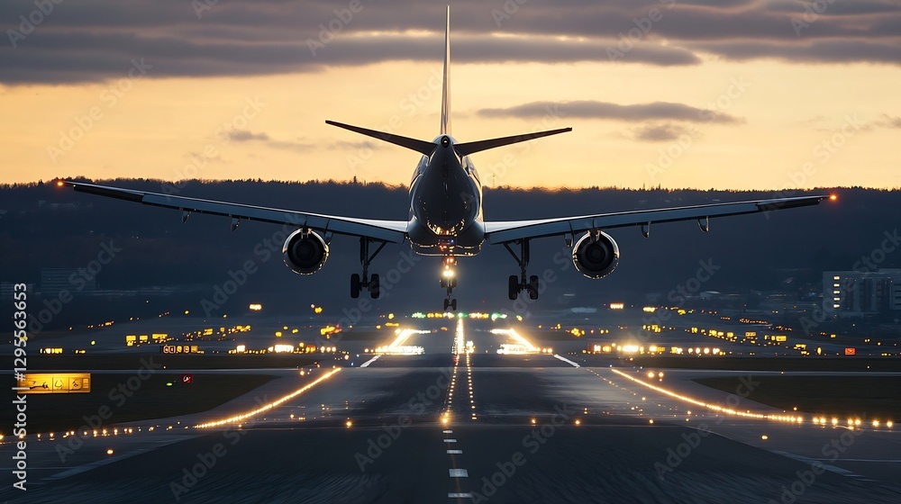 Poster dynamic nighttime landing of jet airliner on illuminated airport runway : generative ai