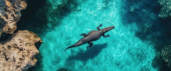 Obraz premium Aerial View of a Large Crocodile Swimming in Clear Turquoise Water Surrounded by Rocks and Marine Life in a Vibrant Natural Habitat