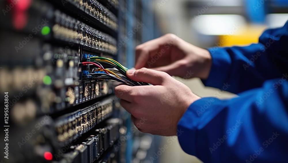 Poster technician connecting network cables in data center