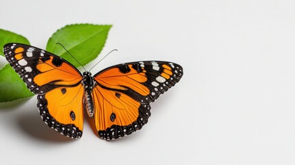 Fototapeta premium An orange butterfly resting next to some green leafy foliage on white