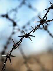 Detailed image of barbed wire against a blurred blue sky creating a striking visual : Generative AI
