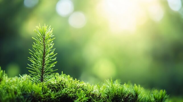 Vibrant young evergreen sapling emerging from lush green moss in sunlight : Generative AI