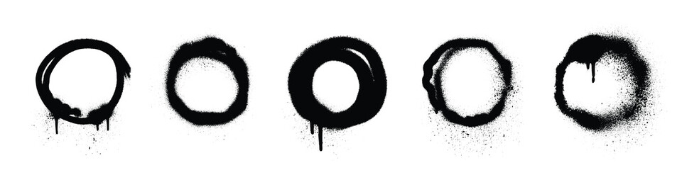 Spray paint circle collection with different graffiti effect styles. Black stencil rings with dripping and splattered, rough, solid and faded edge texture. Street art elements for urban designs.