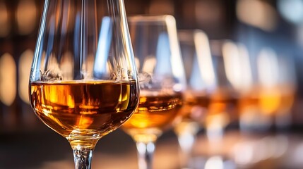 Close up of elegant whiskey glasses filled with amber liquid in soft focus : Generative AI