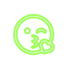 Icon kiss wink heart from the flow of energy of green color. Shimmering neon