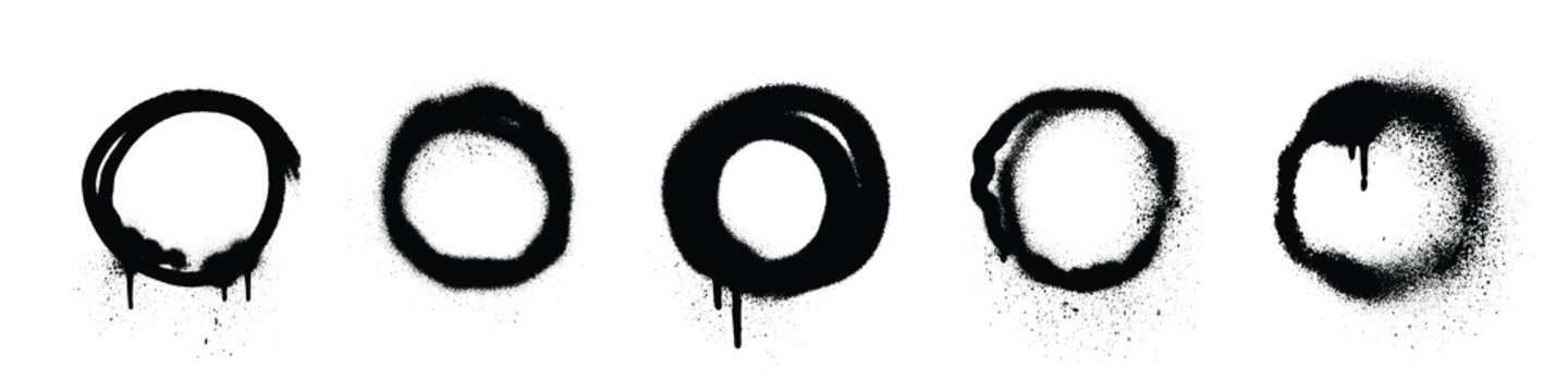Spray paint circle collection with different graffiti effect styles. Black stencil rings with dripping and splattered, rough, solid and faded edge texture. Street art elements for urban designs.