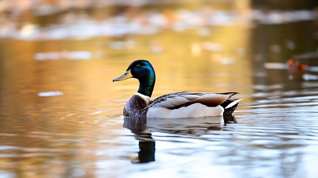 Beautiful mallard duck swimming gracefully in calm waters surrounded by autumn leaves creating serene ambiance : Generative AI