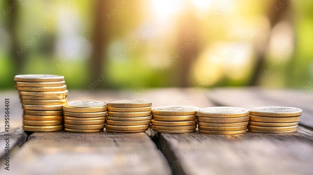 Aufkleber stunning rows of gold coins stacked on wooden table surrounded by blur and light : generative ai