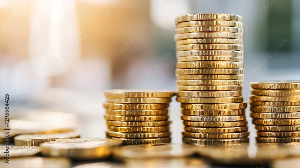 Leinwandbilder multiple stacks of gleaming gold coins glimmering in the sunlight symbolizing wealth and success : g