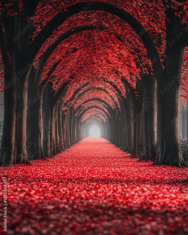 Poster enchanting autumnal path with crimson leaves tunneling through towering trees in a mystical forest l