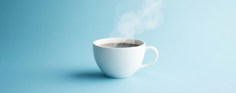 Steaming hot coffee cup on a soft blue background beverage photography minimalist style indoor setting close-up perspective comfort and relaxation concept
