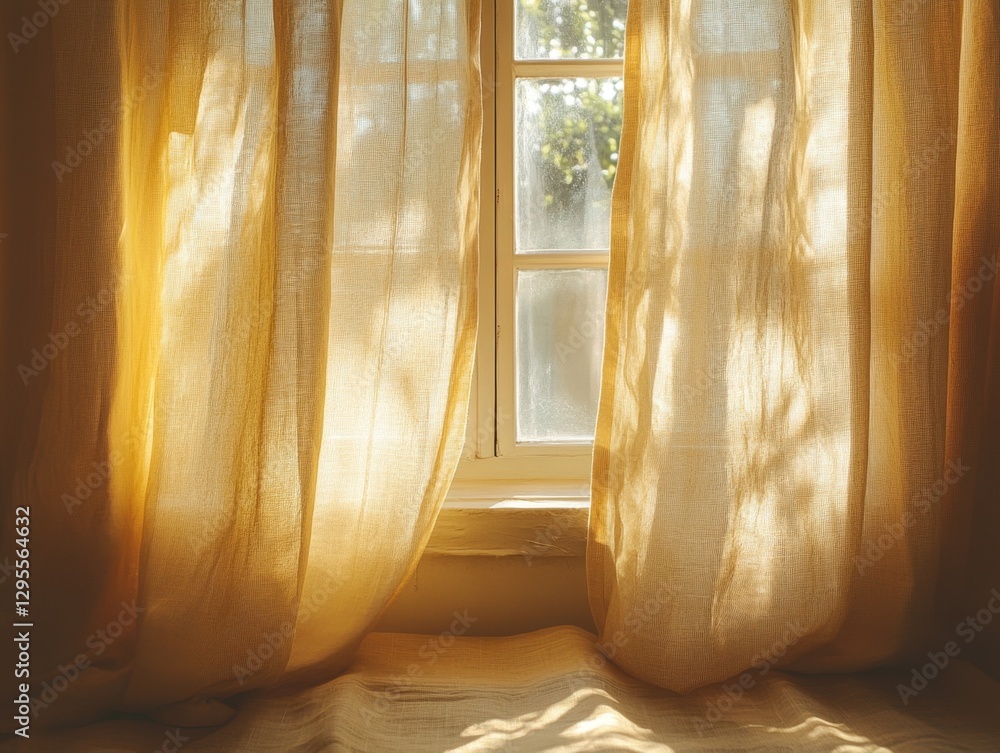 Poster golden sunlight streaming through sheer curtains at a window creating a warm and inviting atmosphere