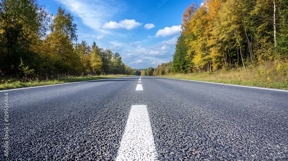 Poster scenic empty highway surrounded by breathtaking autumn trees under a vibrant blue sky : generative a