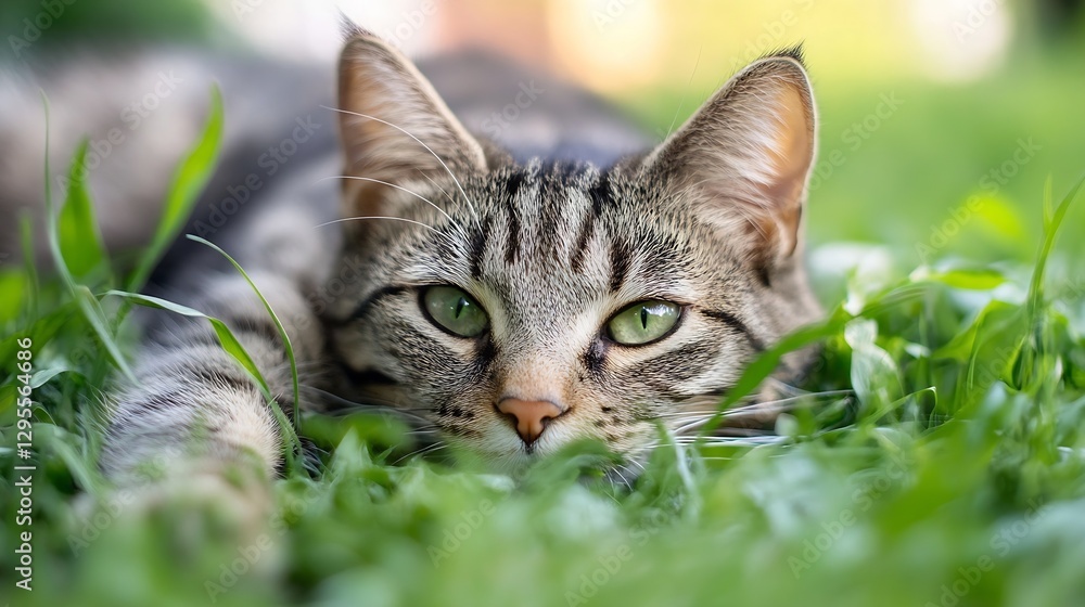 Poster a cute tabby cat relaxing in a lush green lawn with bright eyes and relaxed attitude : generative ai