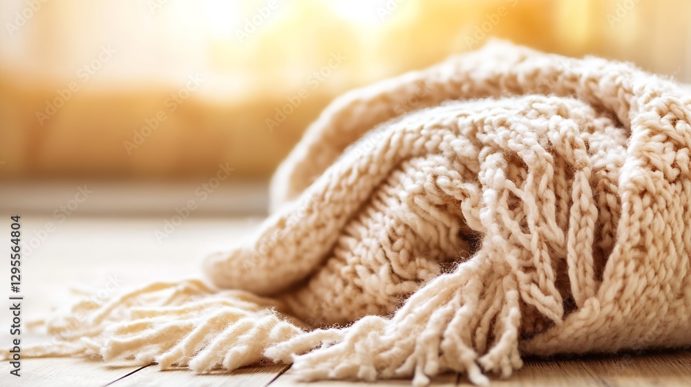 Poster delicate cream knit blanket rolled and relaxed on a wooden floor with soft lighting : generative ai